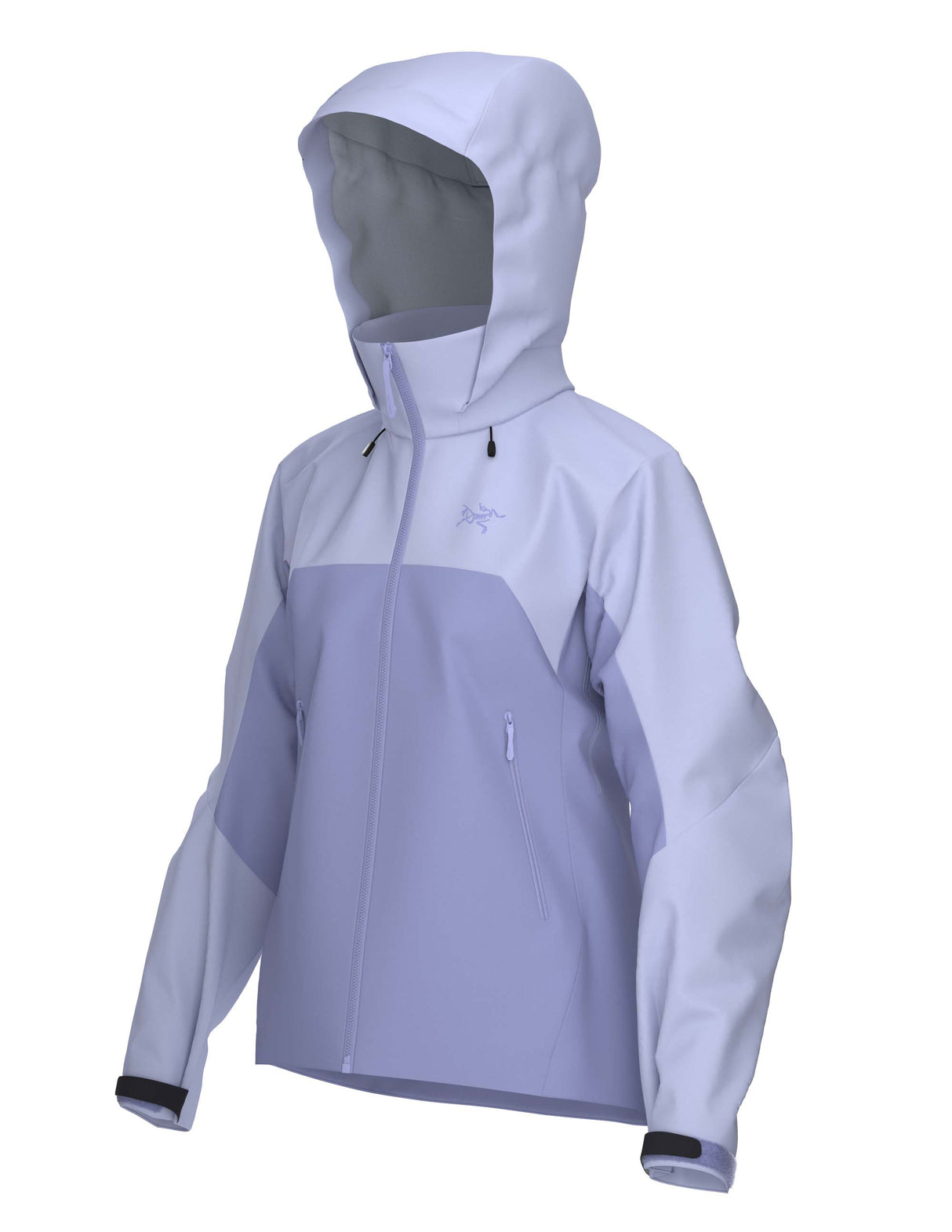 WBetaARJacket-A women's hooded technical jacket in a two-tone light purple and pale blue colorway, featuring a full-front zipper, zippered hand pockets, and a subtle Arc'teryx logo on the left chest.