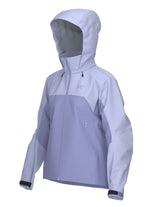 WBetaARJacket-A women's hooded technical jacket in a two-tone light purple and pale blue colorway, featuring a full-front zipper, zippered hand pockets, and a subtle Arc'teryx logo on the left chest.