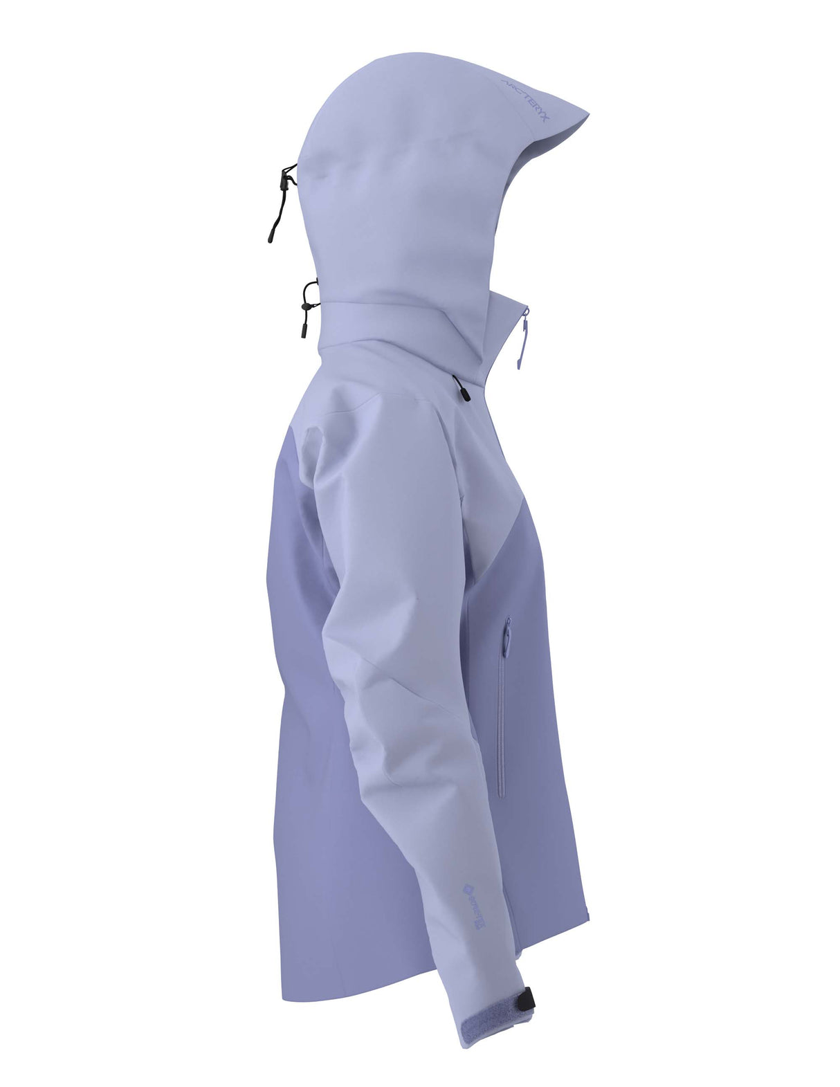 WBetaARJacket-A women's hooded technical jacket in a two-tone light purple and pale blue colorway, featuring a full-front zipper, zippered hand pockets, and a subtle Arc'teryx logo on the left chest.