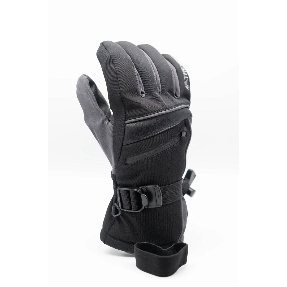 WBlazeGlove-A single black insulated winter glove with a wrist strap and buckle, shown from the back on a white background.