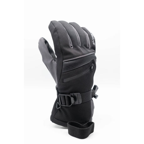 WBlazeGlove-A single black insulated winter glove with a wrist strap and buckle, shown from the back on a white background.