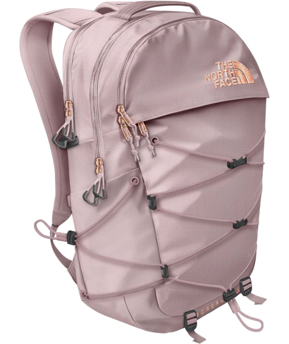 WBorealisLuxe- Pink backpack with rose gold zippers with three pockets on white background