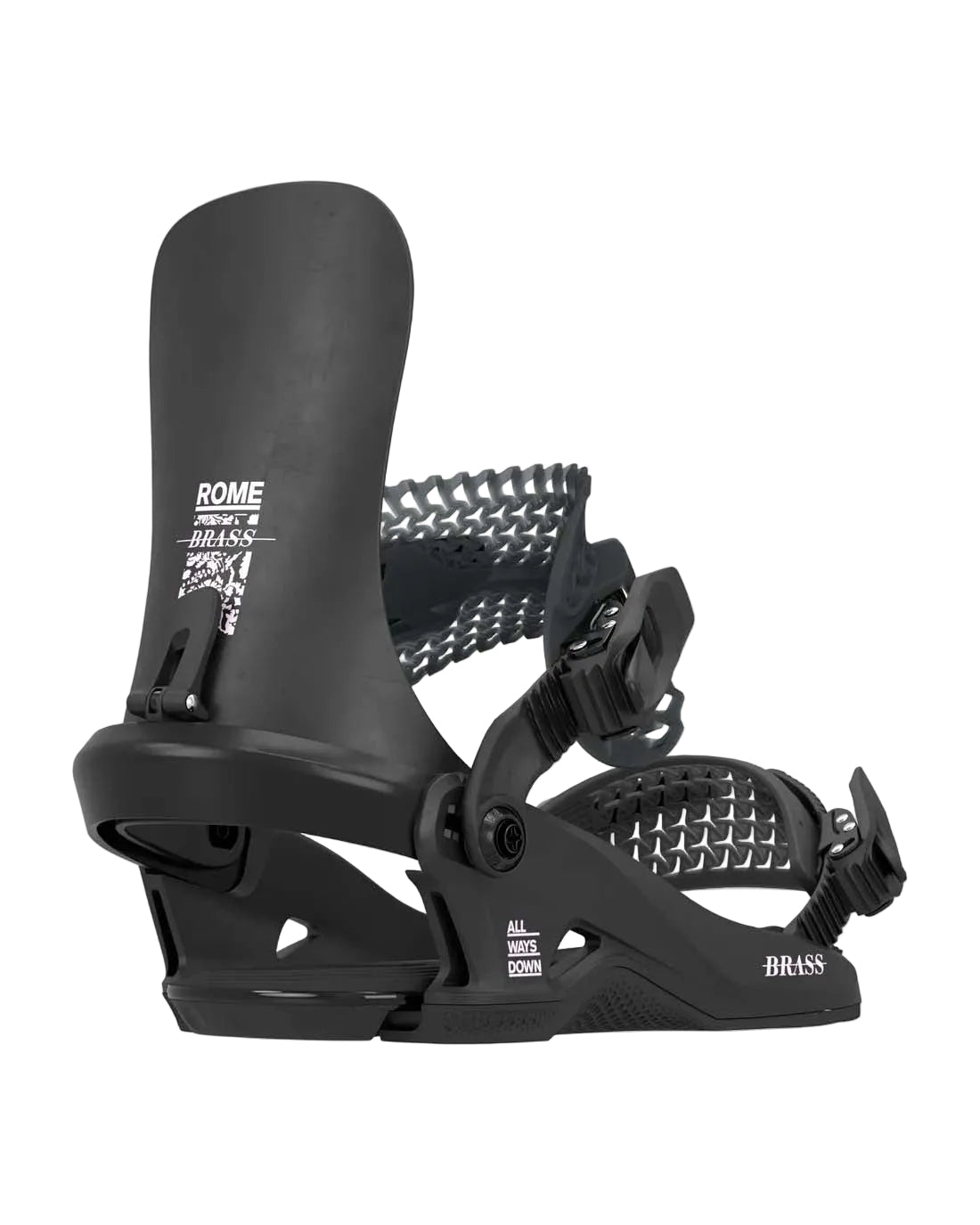 WBrassSBBinding-Black snowboard binding with 'Rome' branding on a white background