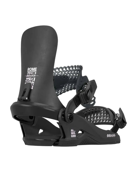 WBrassSBBinding-Black snowboard binding with 'Rome' branding on a white background