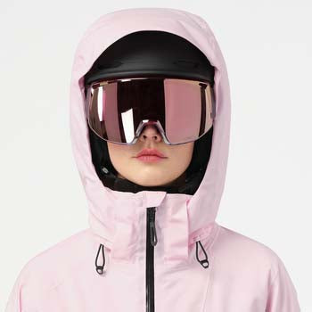 WBrilliant2.0InsulatedJacket-Person wearing a pink hooded jacket and black helmet with reflective goggles on a white background