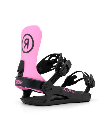 WCL-4- Black and pink snowboard bindings on a white background
