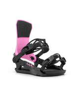 WCL-4- Black and pink snowboard bindings on a white background