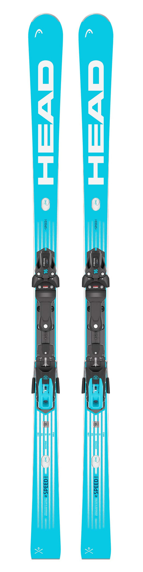 WCRebelse-SpeedPro- Blue Head skis with bindings on a white background