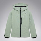 WCanopyInsulatedJacket-A light sage green hooded jacket with black zipper and drawstring details, displayed on a neutral gray background. The Oakley logo is visible on the left chest.