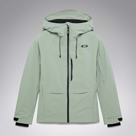 WCanopyInsulatedJacket-A light sage green hooded jacket with black zipper and drawstring details, displayed on a neutral gray background. The Oakley logo is visible on the left chest.
