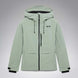 WCanopyInsulatedJacket-A light sage green hooded jacket with black zipper and drawstring details, displayed on a neutral gray background. The Oakley logo is visible on the left chest.