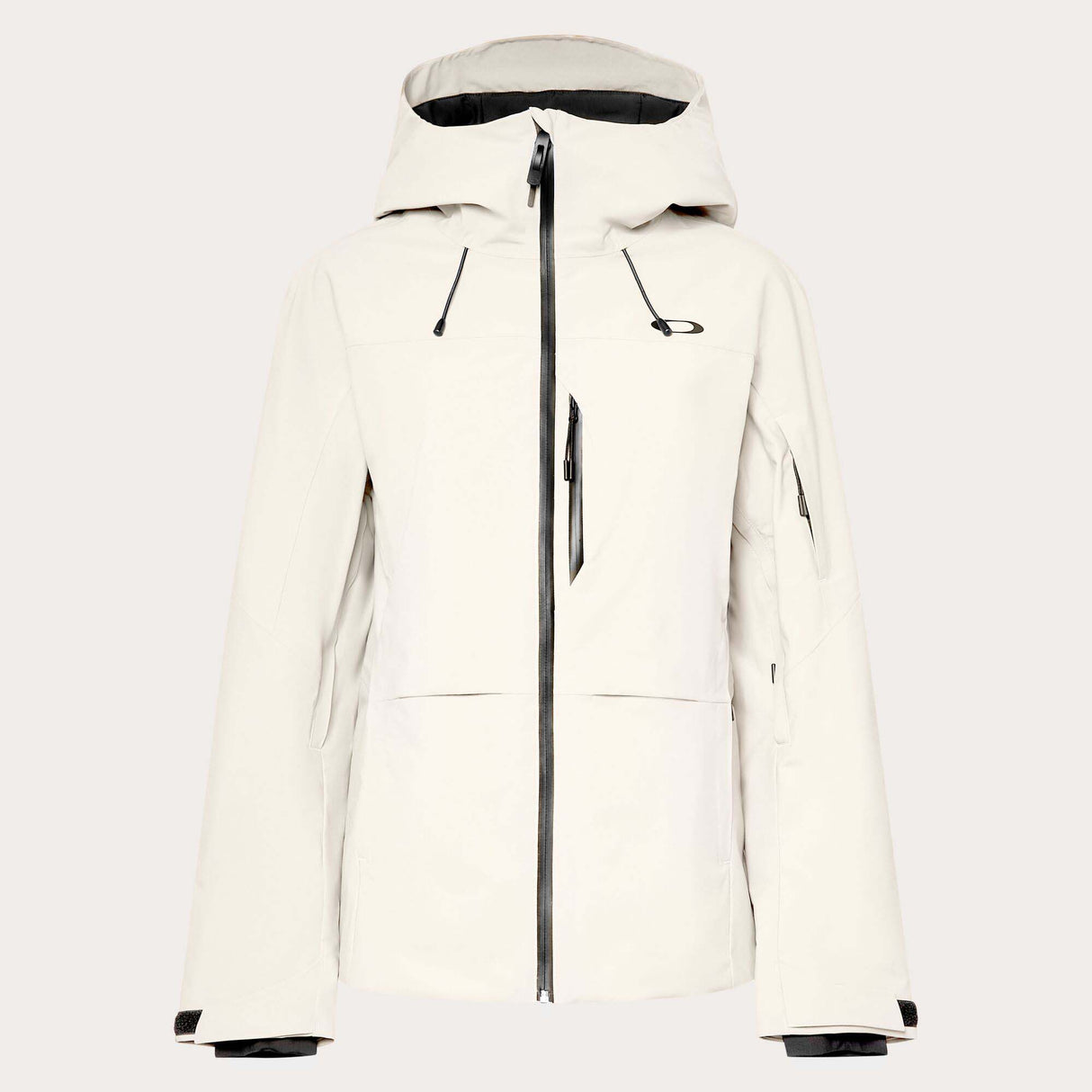 WCanopyInsulatedJacket-An off-white hooded ski jacket with black zipper details and drawstrings, displayed on a neutral light gray background.