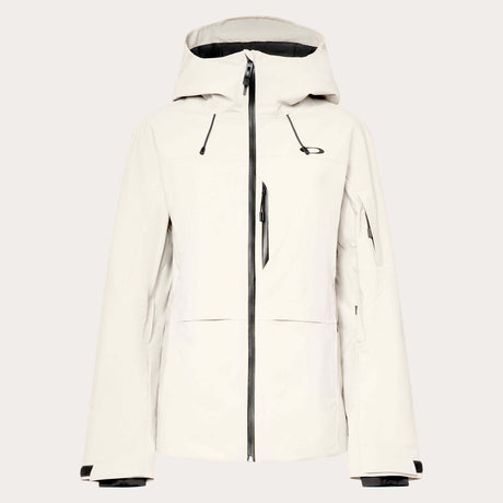 WCanopyInsulatedJacket-An off-white hooded ski jacket with black zipper details and drawstrings, displayed on a neutral light gray background.