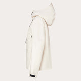 WCanopyInsulatedJacket-An off-white hooded ski jacket with black zipper details and drawstrings, displayed on a neutral light gray background.