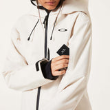 WCanopyInsulatedJacket-An off-white hooded ski jacket with black zipper details and drawstrings, displayed on a neutral light gray background.