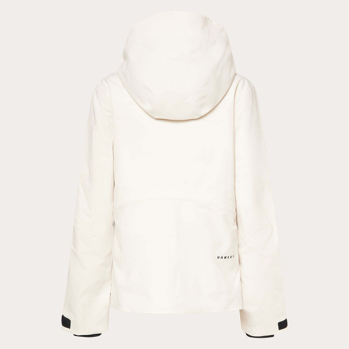 WCanopyInsulatedJacket-An off-white hooded ski jacket with black zipper details and drawstrings, displayed on a neutral light gray background.