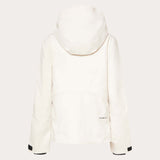 WCanopyInsulatedJacket-An off-white hooded ski jacket with black zipper details and drawstrings, displayed on a neutral light gray background.
