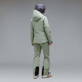 WCanopyInsulatedJacket-A light sage green hooded jacket with black zipper and drawstring details, displayed on a neutral gray background. The Oakley logo is visible on the left chest.