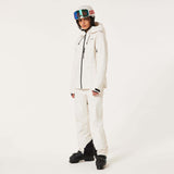 WCanopyInsulatedJacket-An off-white hooded ski jacket with black zipper details and drawstrings, displayed on a neutral light gray background.