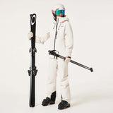 WCanopyInsulatedJacket-An off-white hooded ski jacket with black zipper details and drawstrings, displayed on a neutral light gray background.