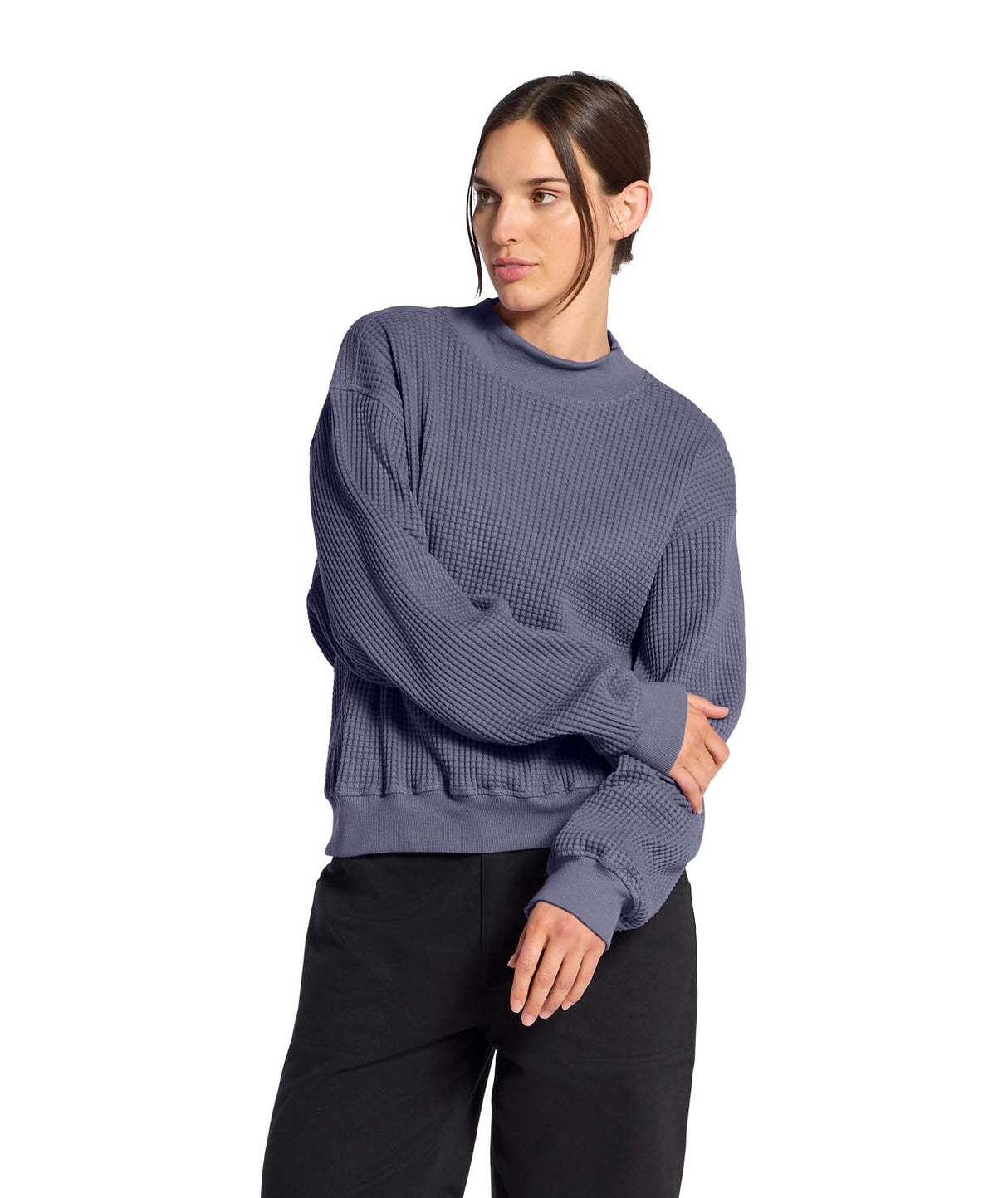 WChabot2.0MockNeck- Woman wearing a purple ribbed mock-neck sweater on a white background