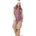 WCheerUpJacket- Woman wearing a pink and cream jacket on a white background 