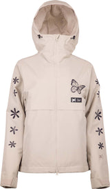 WChromaJacket- Cream jacket with flowers down both sleeves and a butterfly on the top left shoulder on a white background