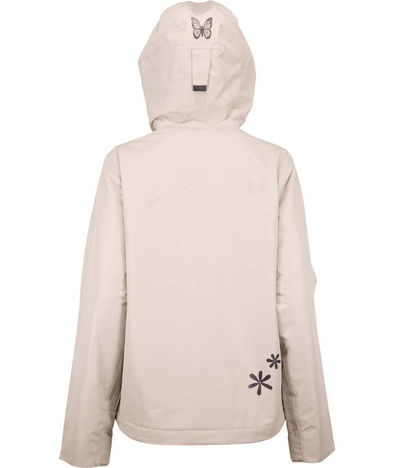 WChromaJacket- Cream jacket with flowers on the bottom left and a butterfly on the top of the hood on a white background