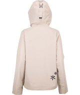 WChromaJacket- Cream jacket with flowers on the bottom left and a butterfly on the top of the hood on a white background