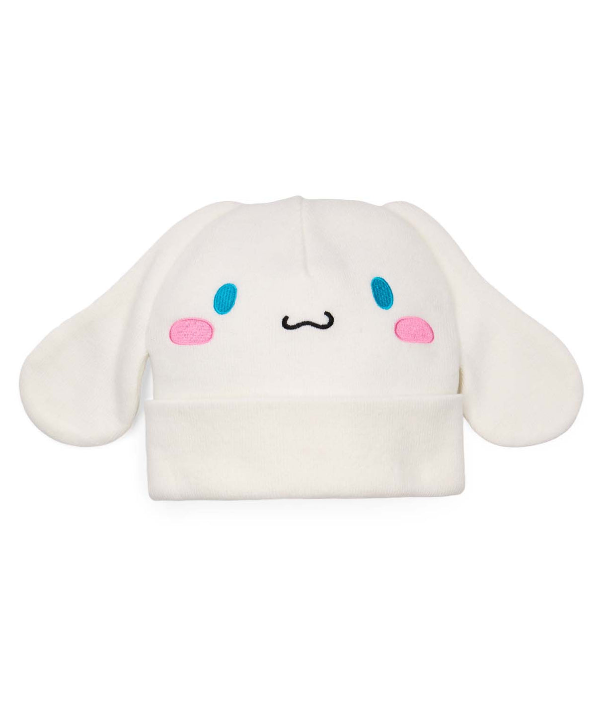 WCinnamorollBeanie- White beanie with a face design on a white background