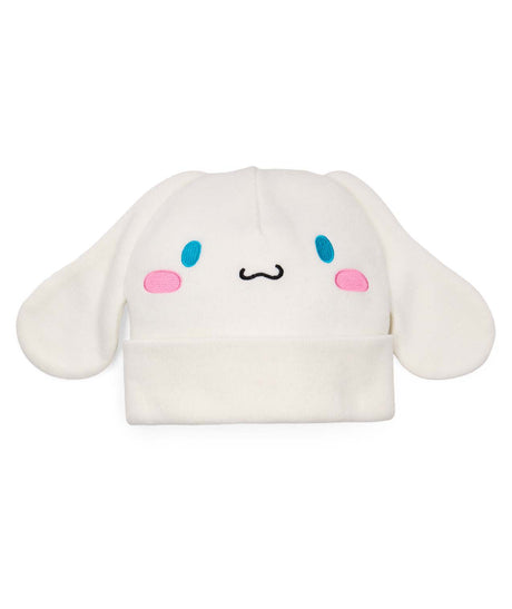 WCinnamorollBeanie- White beanie with a face design on a white background