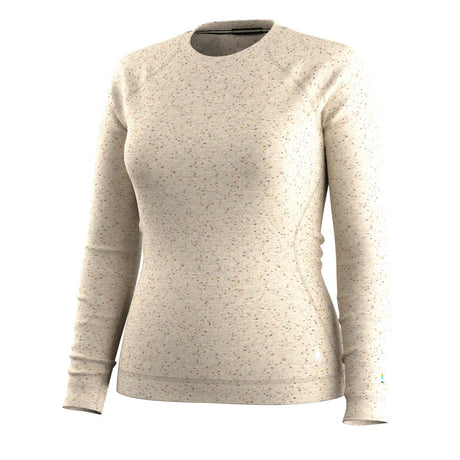 WClassicThermalMerinoBaseLayerCrew-A women's long-sleeve crewneck sweater in a light beige color with a fine multicolor speckled pattern, shown on a plain white background.