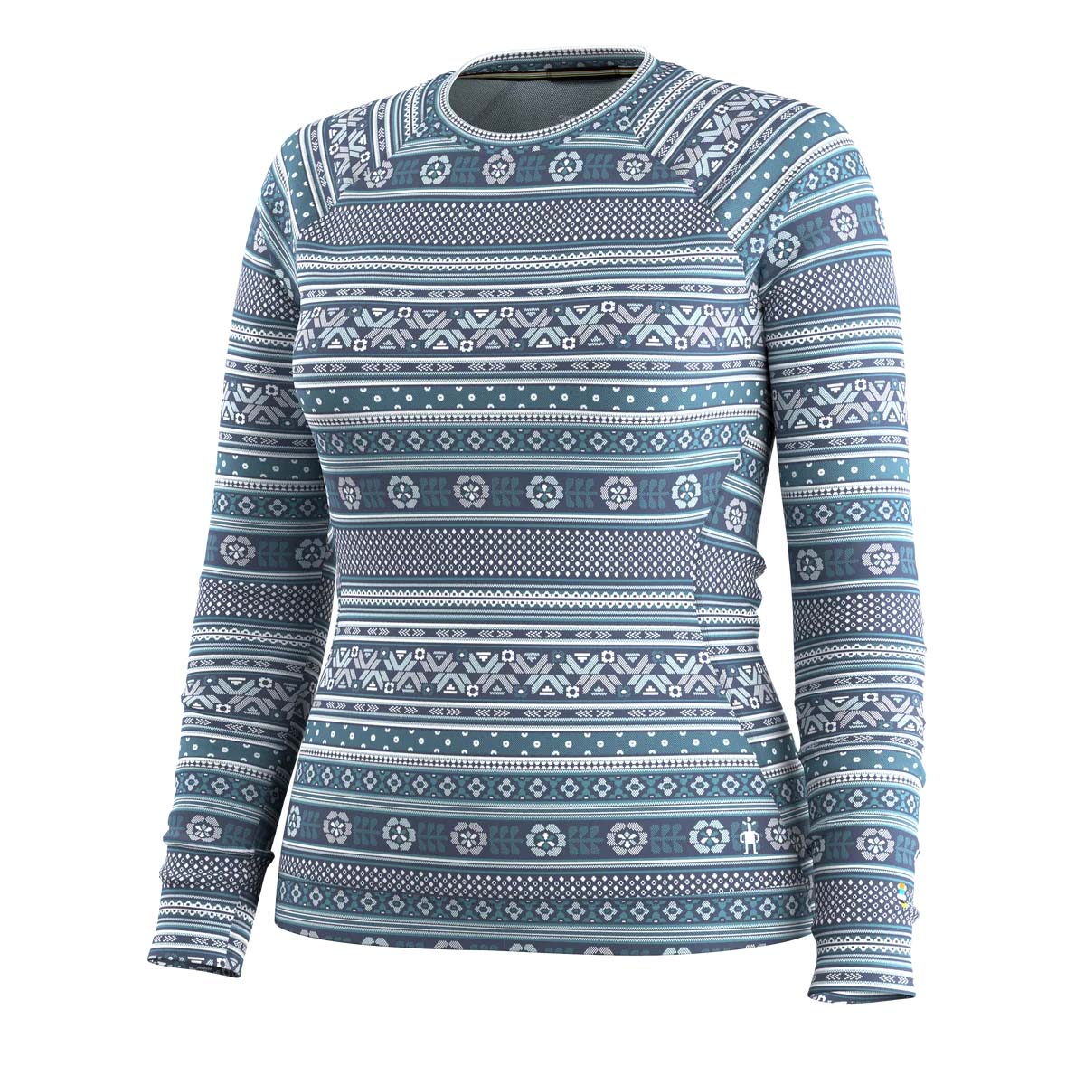 WClassicThermalMerinoBaseLayerCrew- A women's long-sleeve crewneck sweater featuring a horizontal Nordic and Fair Isle style pattern in slate blue, teal, and white.