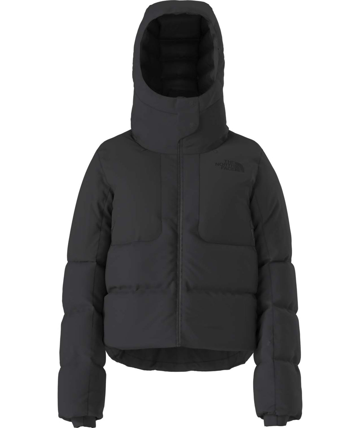 WColdSpellCroppedDownJacket-Black puffer jacket with a hood on a white background