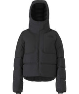 WColdSpellCroppedDownJacket-Black puffer jacket with a hood on a white background