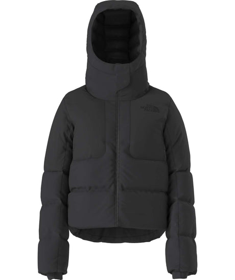 WColdSpellCroppedDownJacket-Black puffer jacket with a hood on a white background