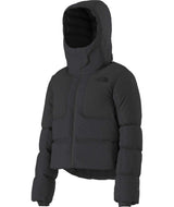 WColdSpellCroppedDownJacket-Black puffer jacket with a hood on a white background