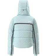 WColdSpellCroppedDownJacket-Light blue puffer jacket with a hood on a white background
