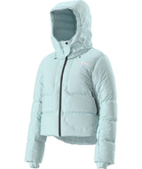 WColdSpellCroppedDownJacket-Light blue puffer jacket with a hood on a white background
