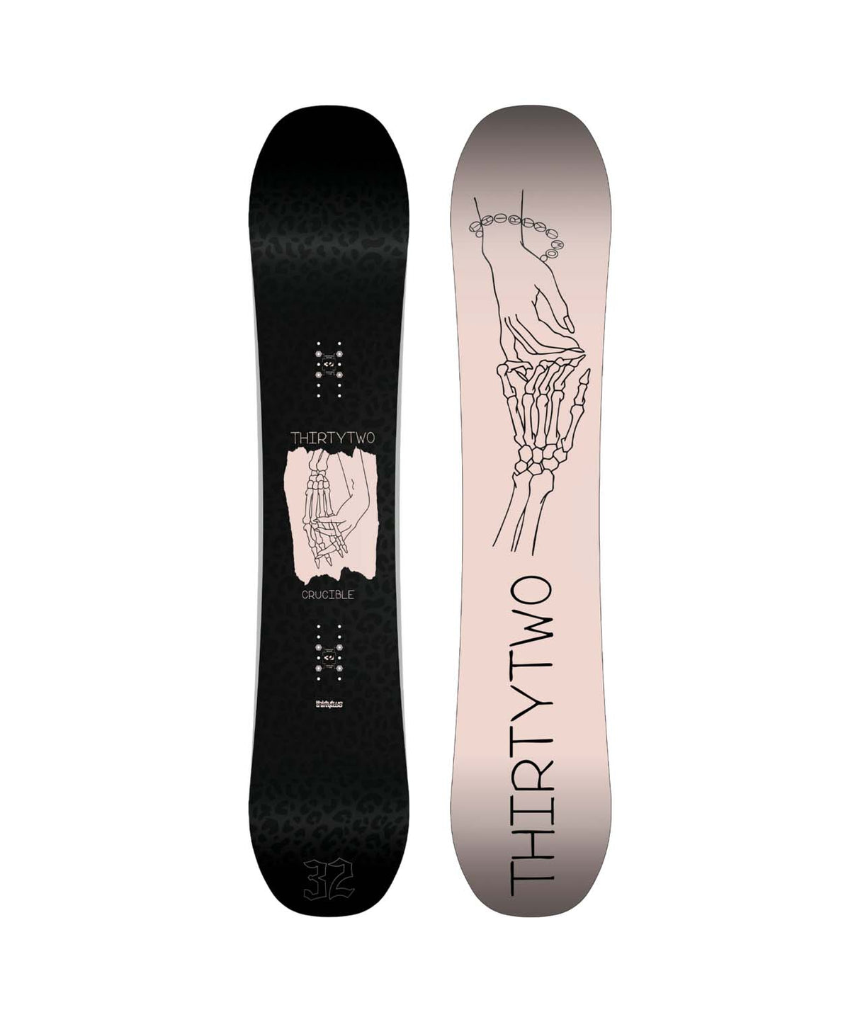 WCrucible- Two views of a snowboard with 'THIRTYTWO' branding on a white background