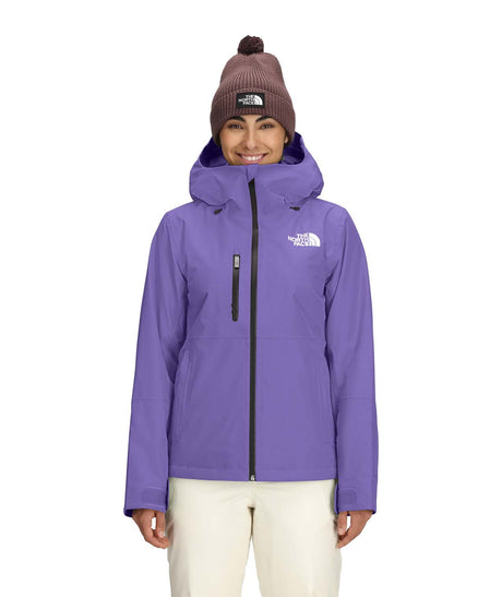 WDescenditJacket-Person wearing a purple jacket with The North Face logo on a white background