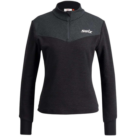 WDynamicMidlayer- A women's long-sleeve half-zip athletic pullover in dark gray and black, featuring a white 'swix' logo on the left chest, shown against a plain white background.