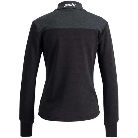 WDynamicMidlayer- A women's long-sleeve half-zip athletic pullover in dark gray and black, featuring a white 'swix' logo on the left chest, shown against a plain white background.
