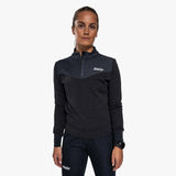 WDynamicMidlayer- A women's long-sleeve half-zip athletic pullover in dark gray and black, featuring a white 'swix' logo on the left chest, shown against a plain white background.