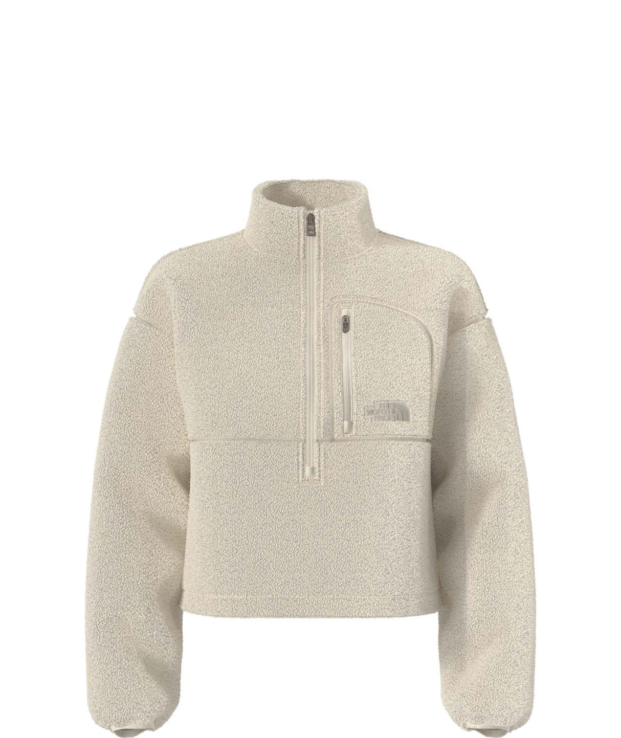 WExtremePile2Pullover-Beige fleece pullover with a quarter zip and front pocket on a white background