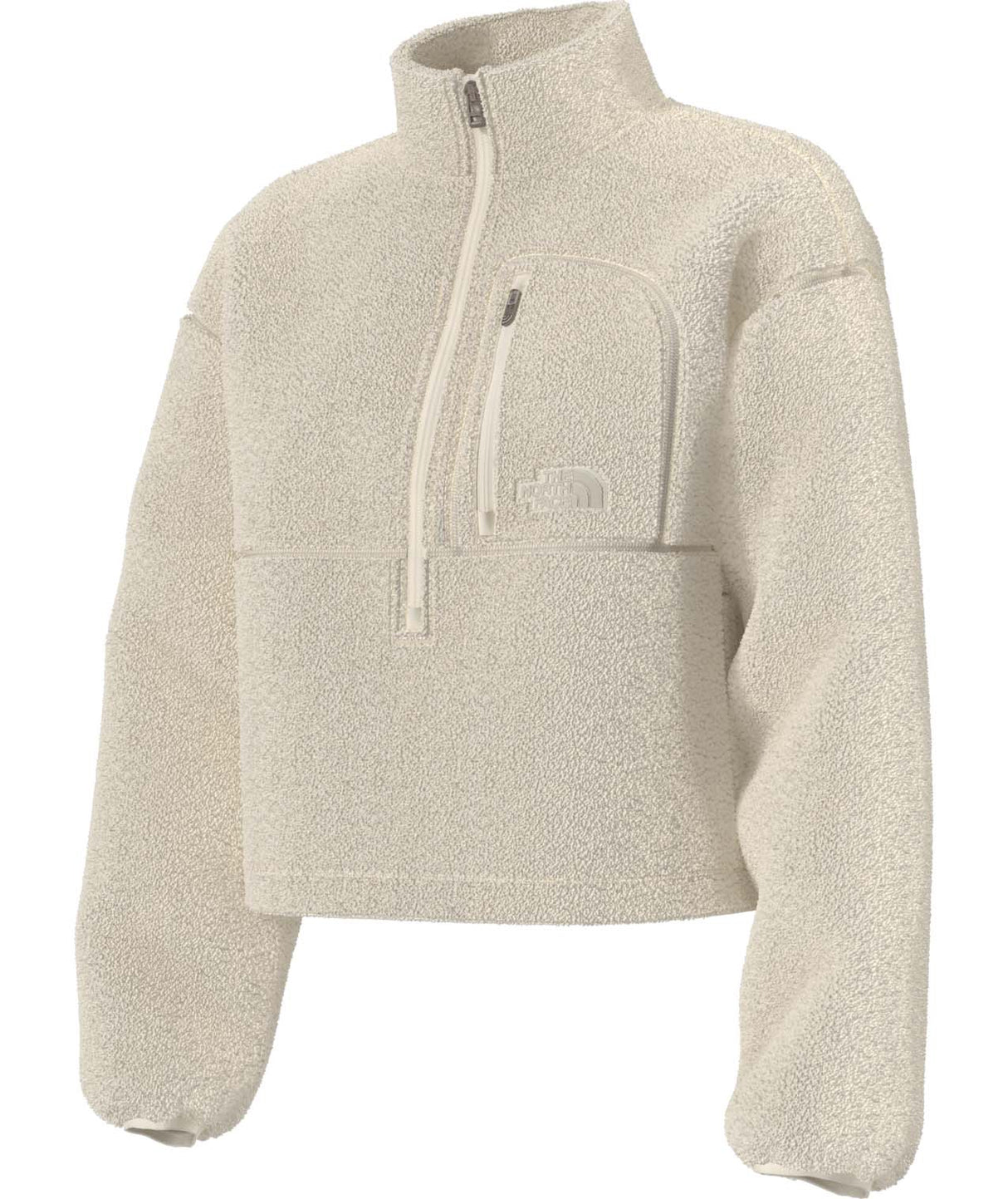 WExtremePile2Pullover-Beige fleece pullover with a quarter zip and front pocket on a white background