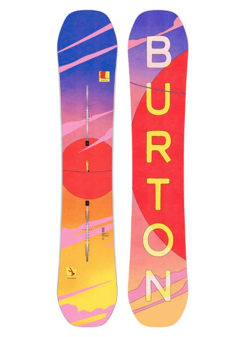 WFeelgoodSnowboard-Colorful Burton snowboard with a vibrant design on a white background