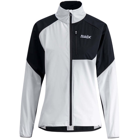 WFocusJacket- A women's colorblock athletic jacket from Swix, featuring a white body, black shoulders and upper chest, and a black front zipper, shown on a plain white background.