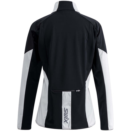 WFocusJacket- A women's colorblock athletic jacket from Swix, featuring a white body, black shoulders and upper chest, and a black front zipper, shown on a plain white background.