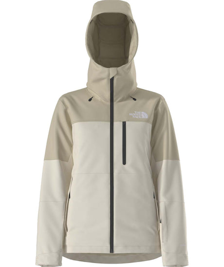 WFreedomInsulatedJacket-Beige and white jacket with a hood on a white background